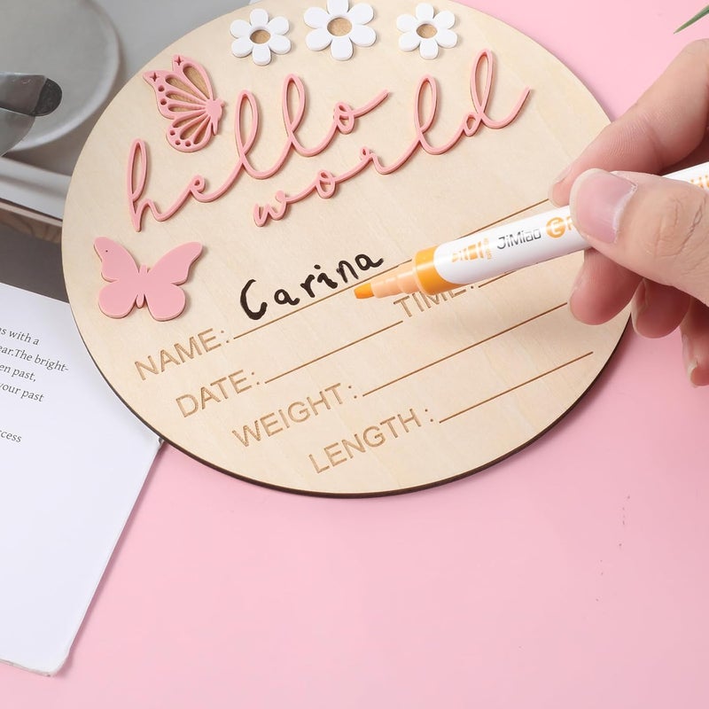 Ajcotahm Hello World Newborn Sign, 5.9 Inch Wooden Baby Announcement Sign Pink Butterfly Style Birth Welcome Board for Newborn Boys Girls Photo Props Baby Shower Hospital Nursery (Pink) - Image 5
